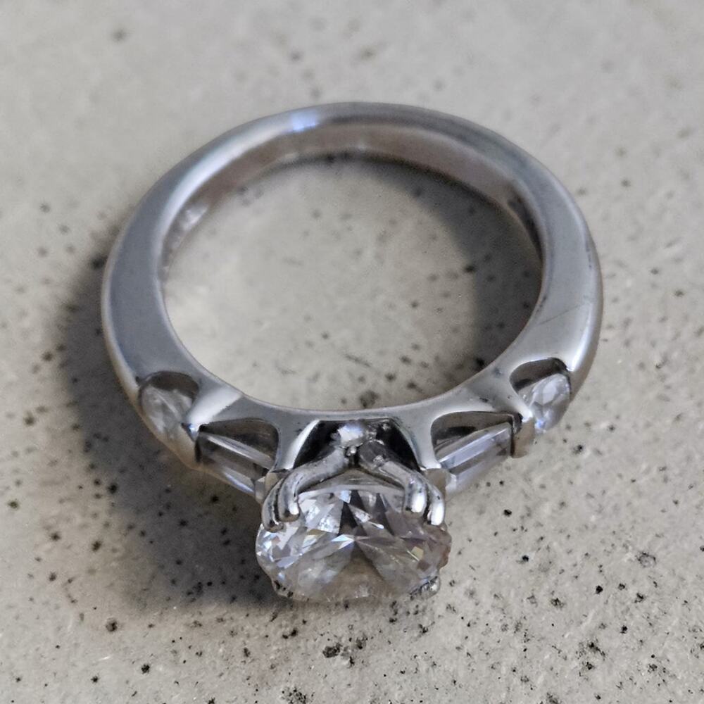 ​925 Sterling Silver Cubic Zirconia Engagement Ring Size 6 Baguette Accents CZ